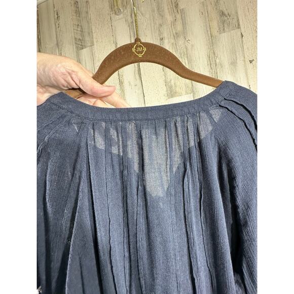 J Jill Gauzy Top Blouse Sz XL Black White Embroidery Covered Buttons Semi Sheer - Picture 9 of 9